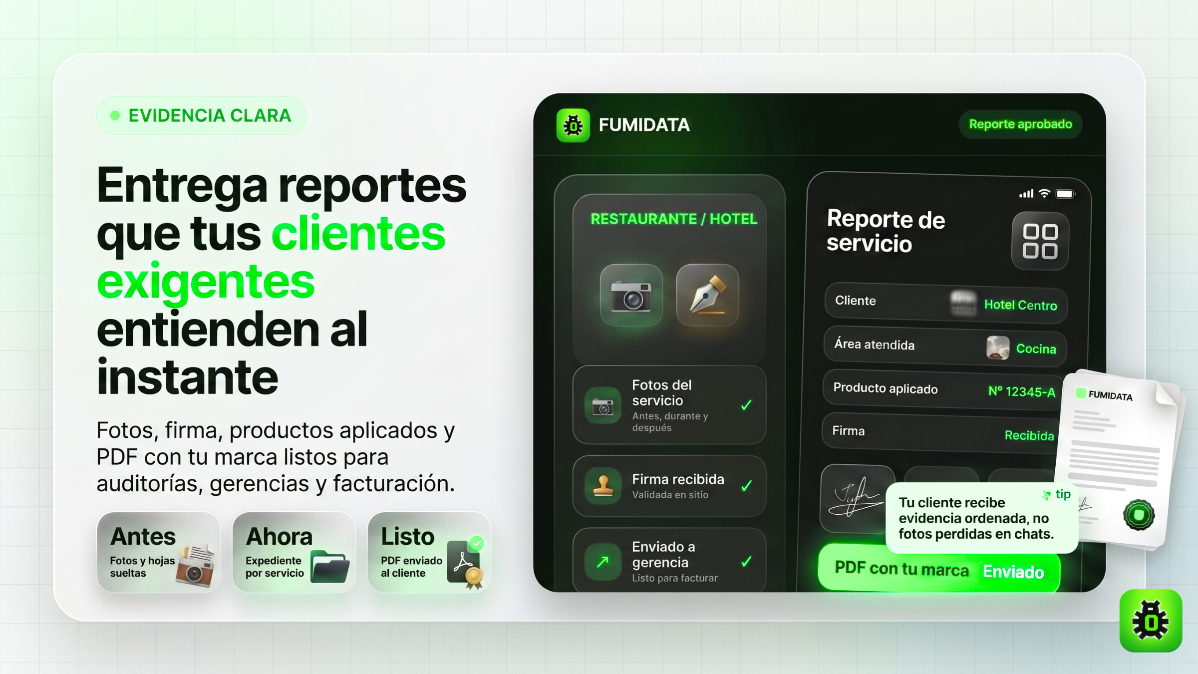 Reportes con fotos, firma, evidencia y PDF con marca para clientes exigentes en FUMIDATA